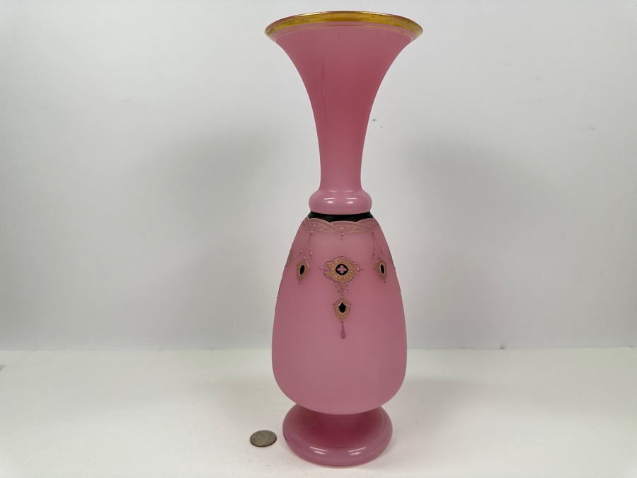 Antique Opaline Glass: Pink Vase With Black & Gold Decor 13.75'H Appraised $300 [Photo 2]