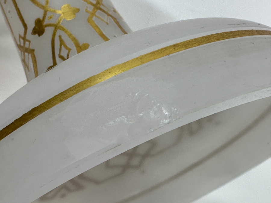 Antique Opaline Glass: White Footed Compote Dish With Gold Decor Chip In Base 10.5'H [Photo 11]