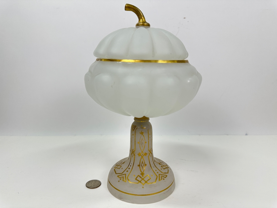 Antique Opaline Glass: White Footed Compote Dish With Gold Decor Chip In Base 10.5'H [Photo 2]