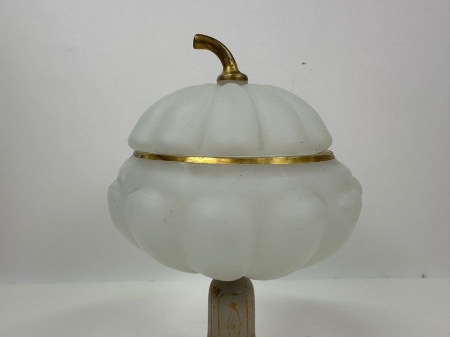 Antique Opaline Glass: White Footed Compote Dish With Gold Decor Chip In Base 10.5'H [Photo 3]