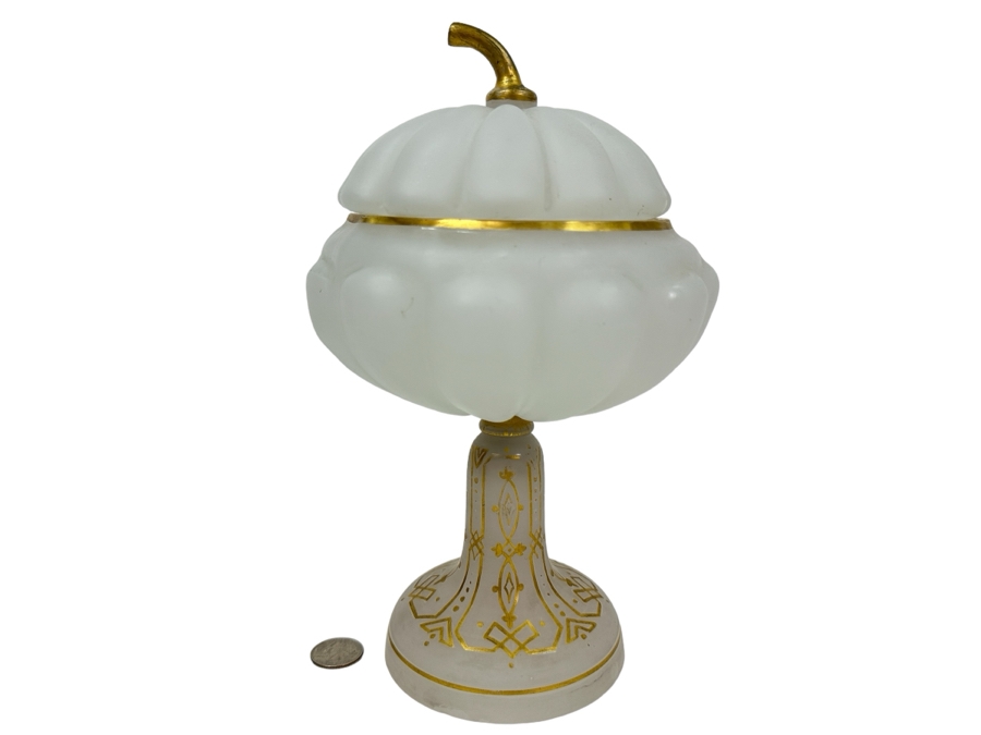 Antique Opaline Glass: White Footed Compote Dish With Gold Decor Chip In Base 10.5'H [Photo 1]