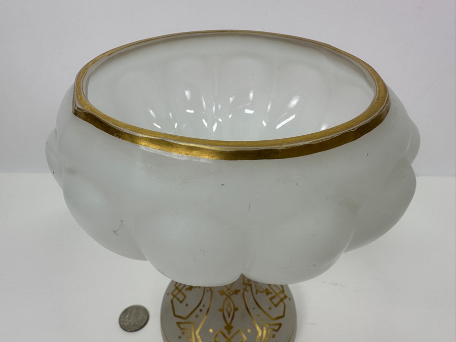 Antique Opaline Glass: White Footed Compote Dish With Gold Decor Chip In Base 10.5'H [Photo 4]