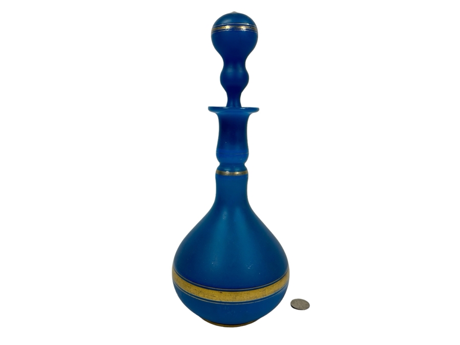 Antique Opaline Glass: Tall Blue Decanter With Stopper And Gold Decor 13.5'H Appraised $225 [Photo 1]