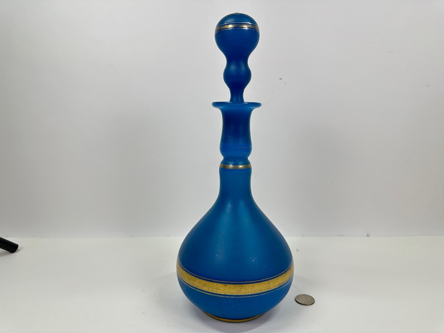 Antique Opaline Glass: Tall Blue Decanter With Stopper And Gold Decor 13.5'H Appraised $225 [Photo 2]
