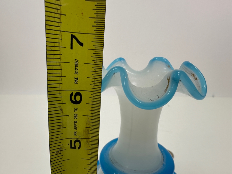 Antique Opaline Glass: White Vase With Blue Rings 6.5'H Appraised $135 [Photo 6]