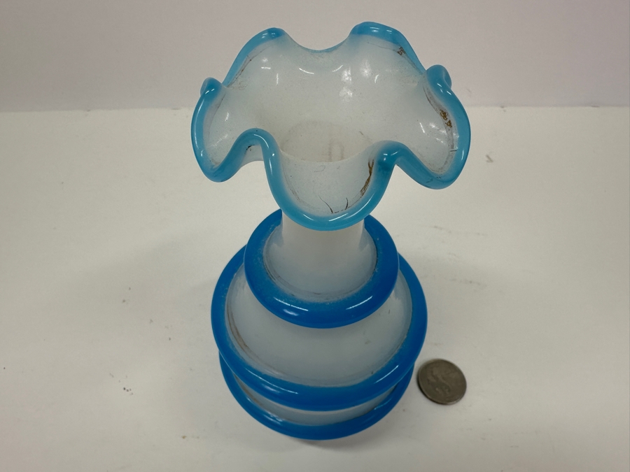 Antique Opaline Glass: White Vase With Blue Rings 6.5'H Appraised $135 [Photo 4]