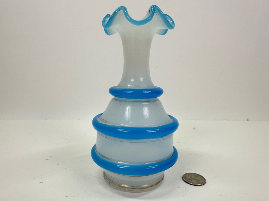 Antique Opaline Glass: White Vase With Blue Rings 6.5'H Appraised $135 [Photo 2]