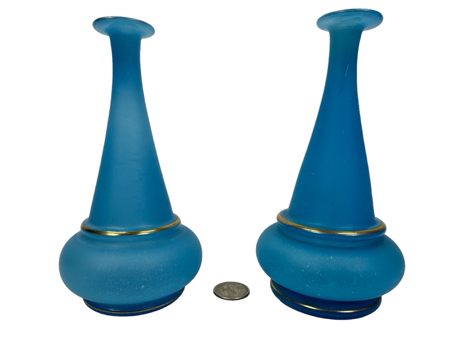 Antique Opaline Glass: Pair Of Blue Bud Vases With Gold Decor 6.5'H Appraised $90 [Photo 1]