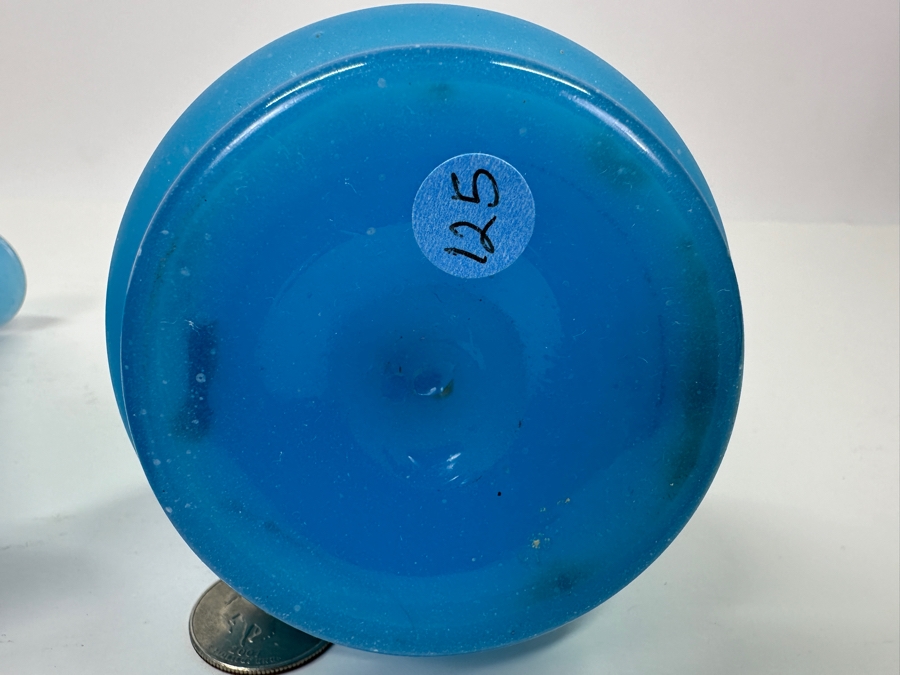 Antique Opaline Glass: Pair Of Blue Bud Vases With Gold Decor 6.5'H Appraised $90 [Photo 5]