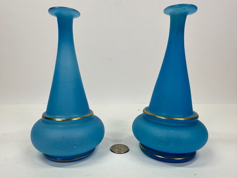 Antique Opaline Glass: Pair Of Blue Bud Vases With Gold Decor 6.5'H Appraised $90 [Photo 2]