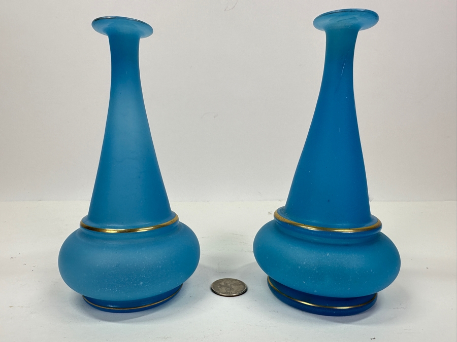 Antique Opaline Glass: Pair Of Blue Bud Vases With Gold Decor 6.5'H Appraised $90 [Photo 3]