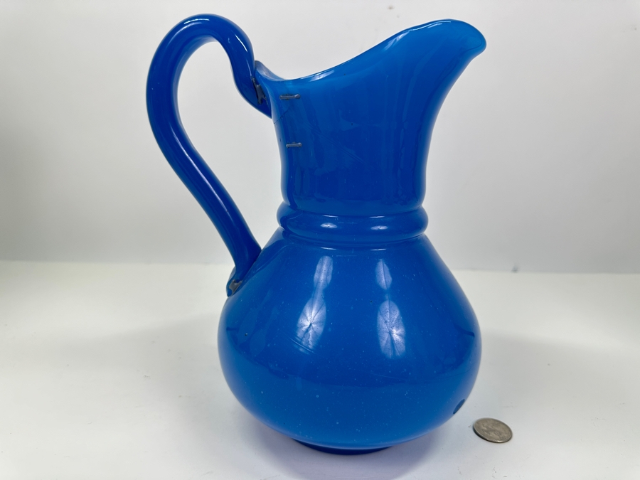 Antique Opaline Glass: Heavy Blue Pitcher Antique Repaired With Staples 10'H Appraised $160 [Photo 3]