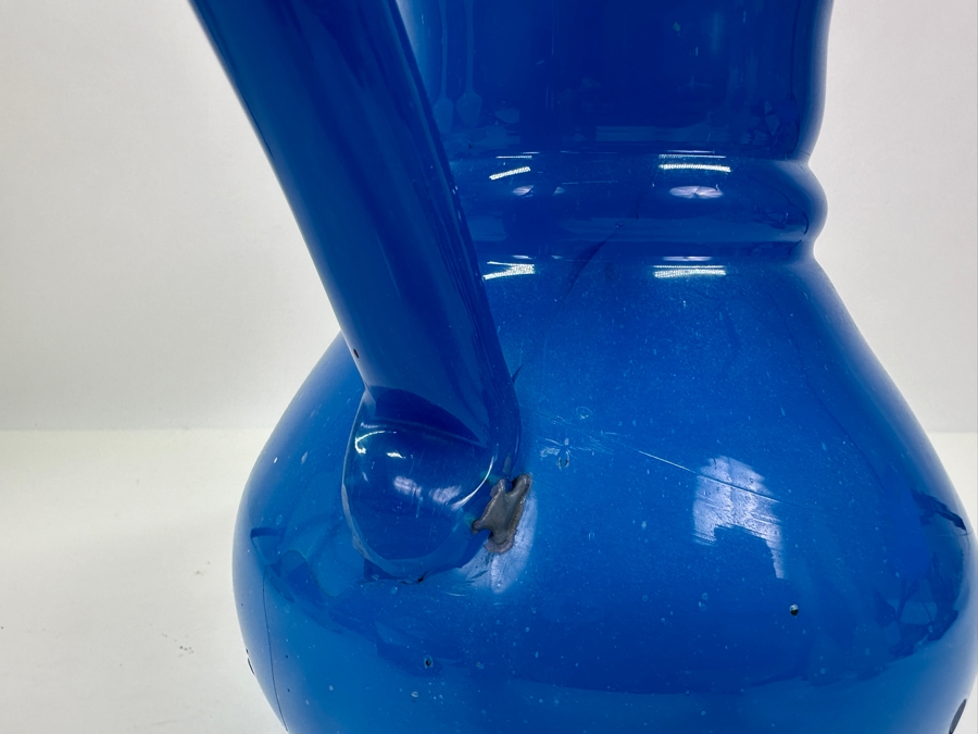 Antique Opaline Glass: Heavy Blue Pitcher Antique Repaired With Staples 10'H Appraised $160 [Photo 5]