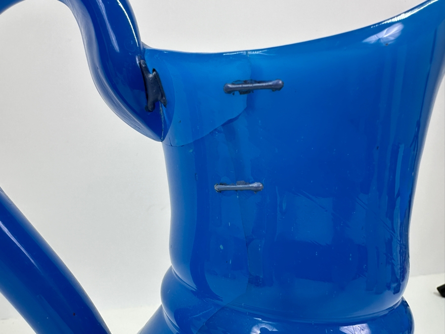 Antique Opaline Glass: Heavy Blue Pitcher Antique Repaired With Staples 10'H Appraised $160 [Photo 4]
