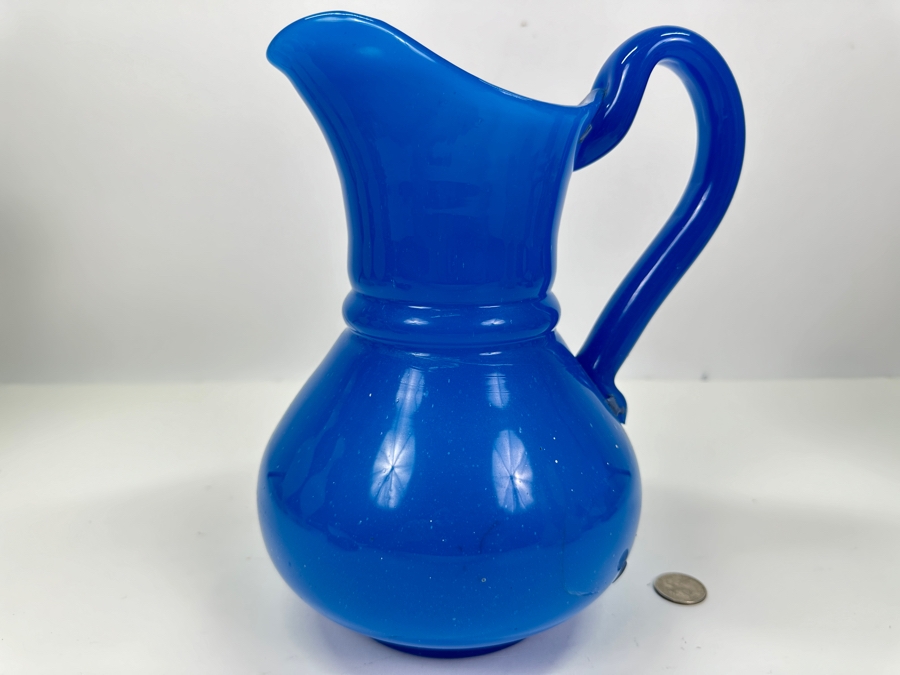 Antique Opaline Glass: Heavy Blue Pitcher Antique Repaired With Staples 10'H Appraised $160 [Photo 8]