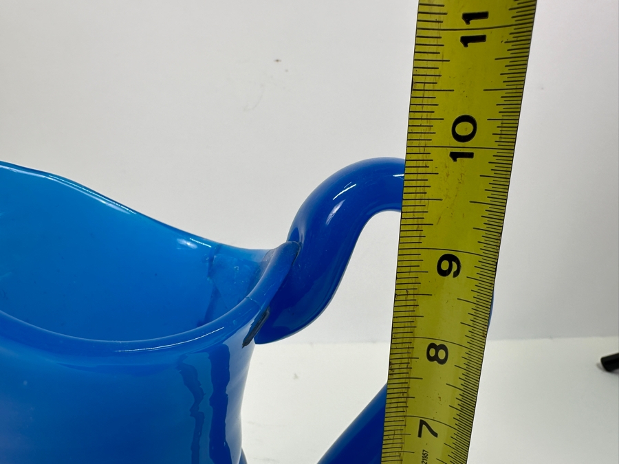 Antique Opaline Glass: Heavy Blue Pitcher Antique Repaired With Staples 10'H Appraised $160 [Photo 13]