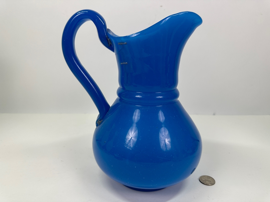 Antique Opaline Glass: Heavy Blue Pitcher Antique Repaired With Staples 10'H Appraised $160 [Photo 2]