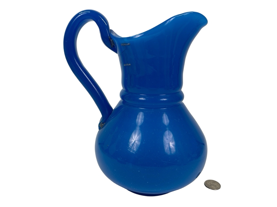 Antique Opaline Glass: Heavy Blue Pitcher Antique Repaired With Staples 10'H Appraised $160 [Photo 1]