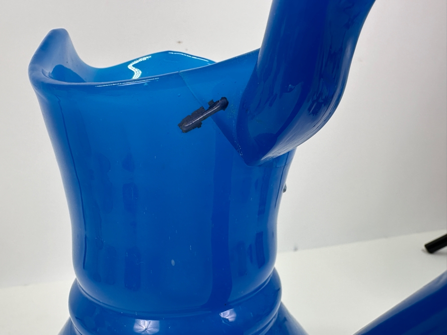 Antique Opaline Glass: Heavy Blue Pitcher Antique Repaired With Staples 10'H Appraised $160 [Photo 7]
