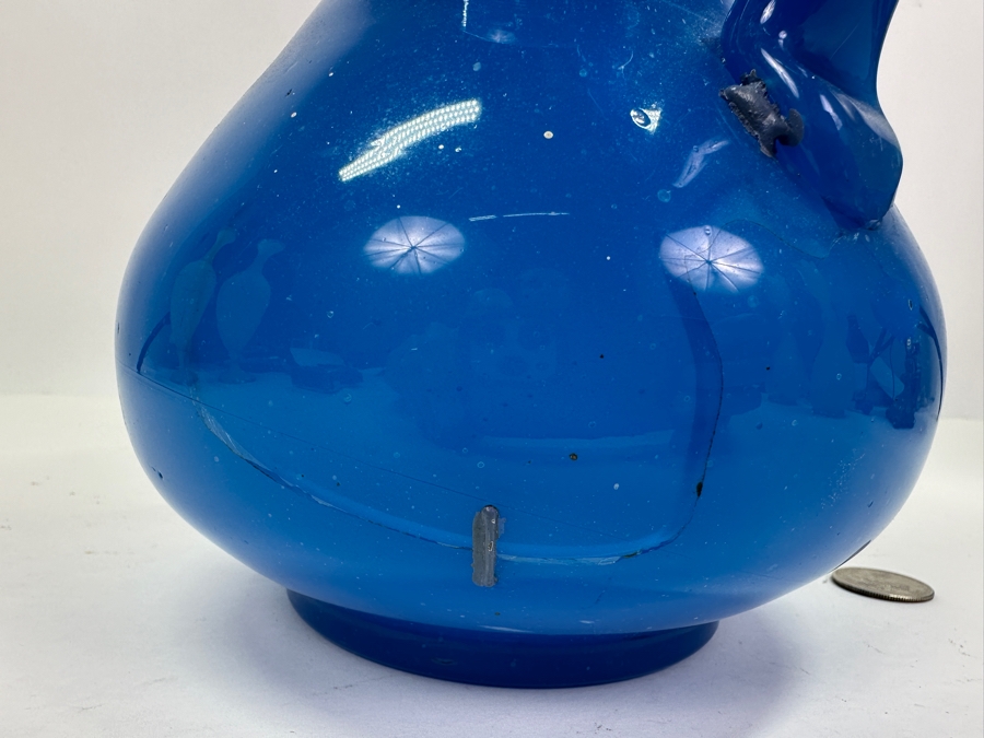 Antique Opaline Glass: Heavy Blue Pitcher Antique Repaired With Staples 10'H Appraised $160 [Photo 6]
