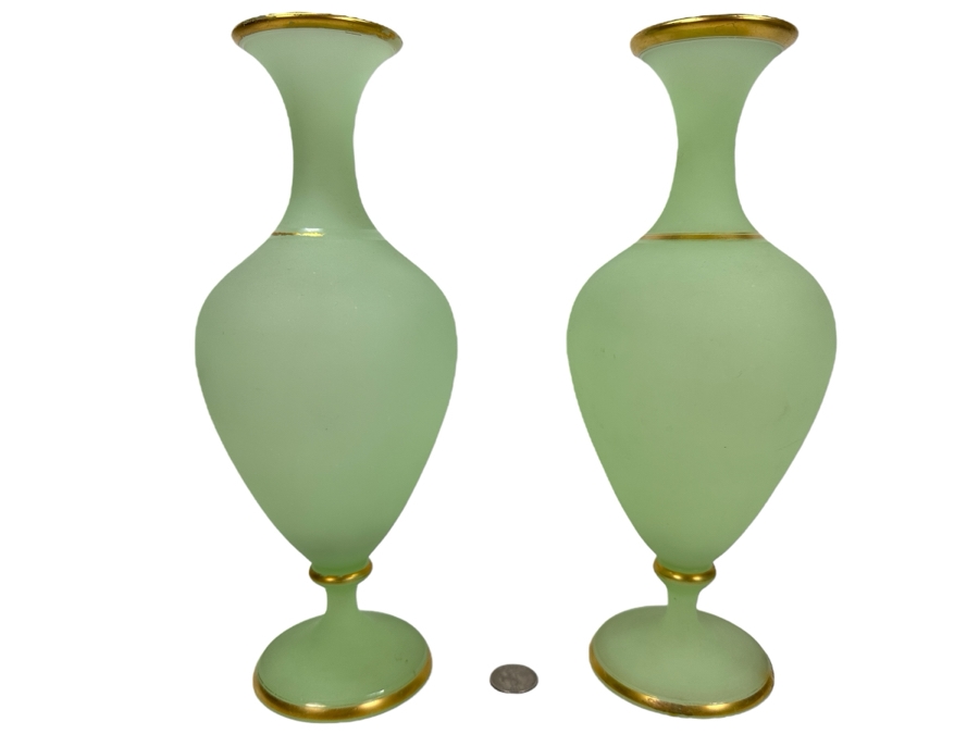 Antique Opaline Glass: Pair Of Light Green Vases With Gold Trim 12'H Appraised $350 [Photo 1]