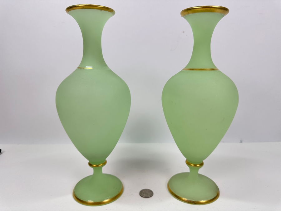 Antique Opaline Glass: Pair Of Light Green Vases With Gold Trim 12'H Appraised $350 [Photo 2]