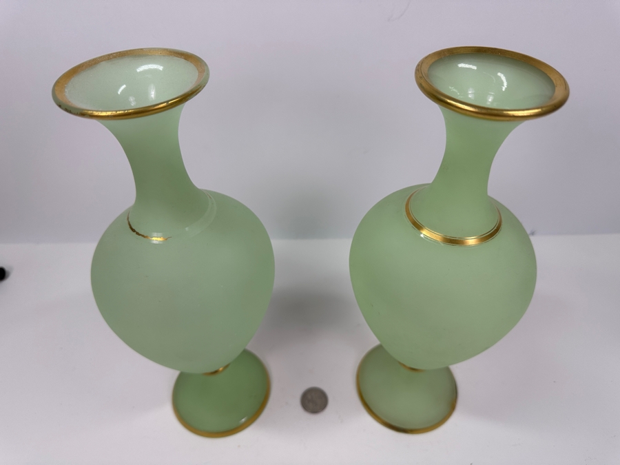 Antique Opaline Glass: Pair Of Light Green Vases With Gold Trim 12'H Appraised $350 [Photo 4]