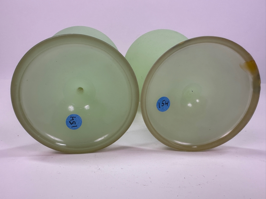 Antique Opaline Glass: Pair Of Light Green Vases With Gold Trim 12'H Appraised $350 [Photo 5]