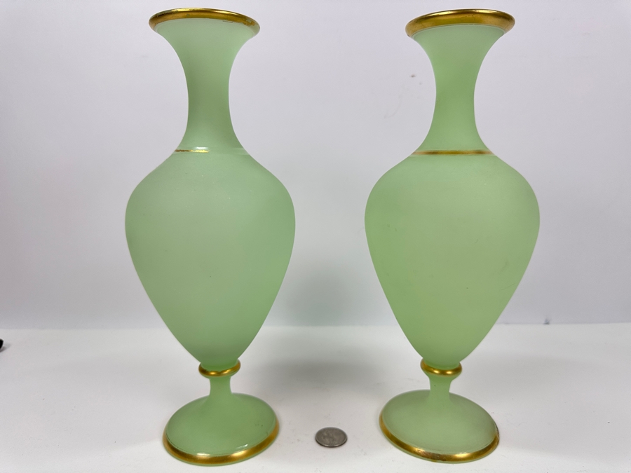 Antique Opaline Glass: Pair Of Light Green Vases With Gold Trim 12'H Appraised $350 [Photo 3]