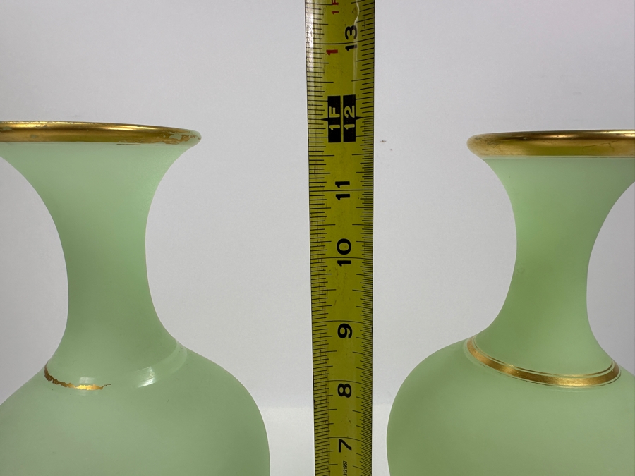 Antique Opaline Glass: Pair Of Light Green Vases With Gold Trim 12'H Appraised $350 [Photo 6]