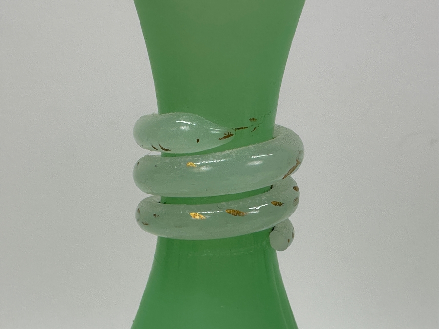 Antique Opaline Glass: Pair Of Light Green Vases With Applied White Snakes 10.25'H Appraised $225 [Photo 4]