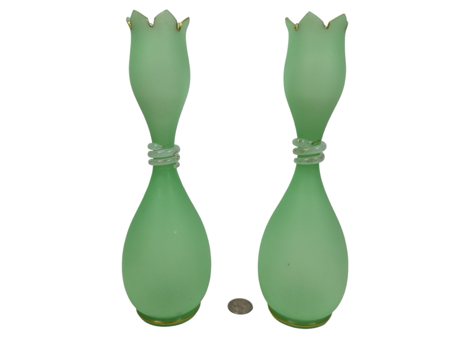 Antique Opaline Glass: Pair Of Light Green Vases With Applied White Snakes 10.25'H Appraised $225 [Photo 1]