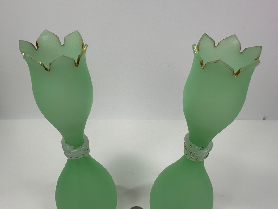 Antique Opaline Glass: Pair Of Light Green Vases With Applied White Snakes 10.25'H Appraised $225 [Photo 5]
