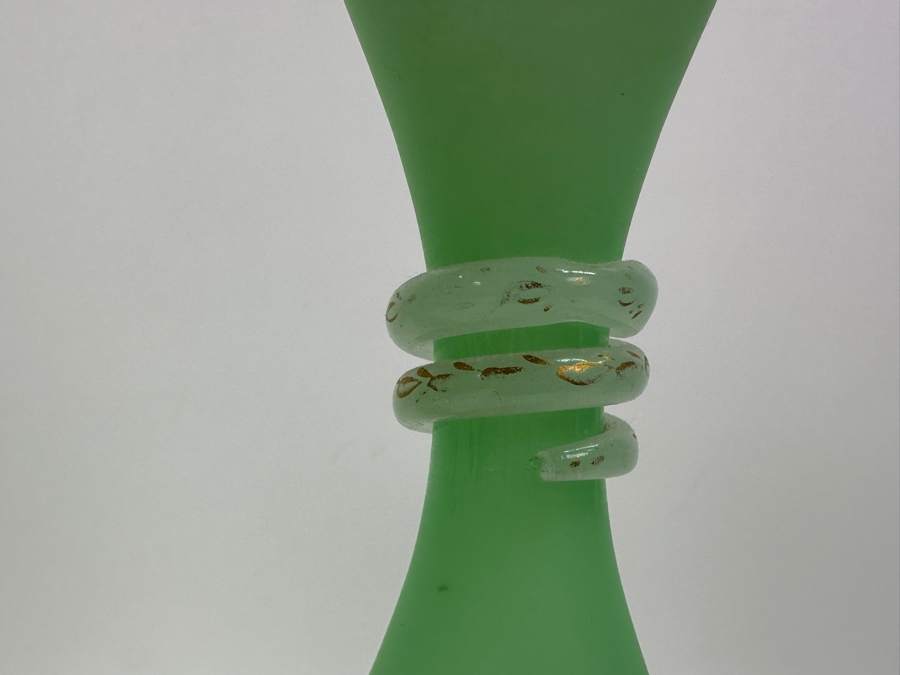 Antique Opaline Glass: Pair Of Light Green Vases With Applied White Snakes 10.25'H Appraised $225 [Photo 7]