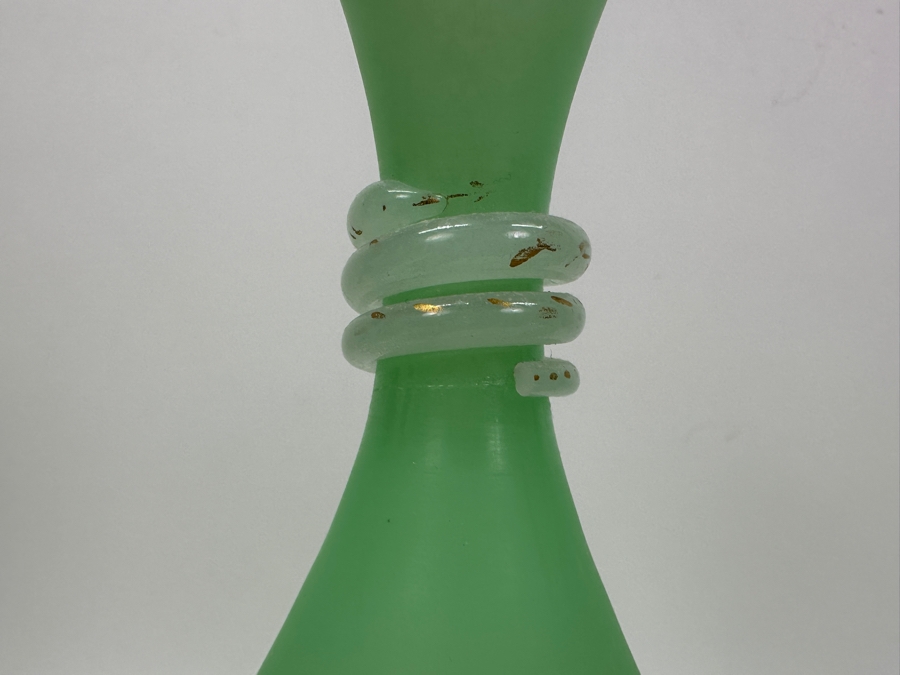 Antique Opaline Glass: Pair Of Light Green Vases With Applied White Snakes 10.25'H Appraised $225 [Photo 6]