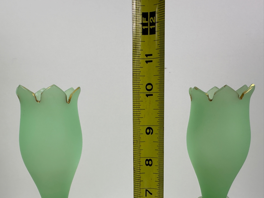 Antique Opaline Glass: Pair Of Light Green Vases With Applied White Snakes 10.25'H Appraised $225 [Photo 9]