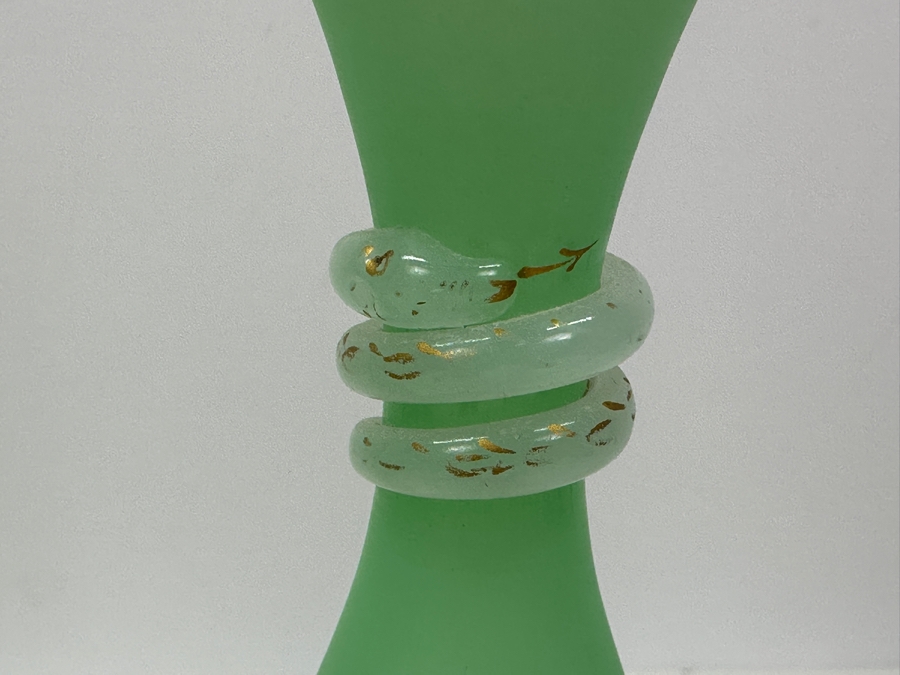 Antique Opaline Glass: Pair Of Light Green Vases With Applied White Snakes 10.25'H Appraised $225 [Photo 3]