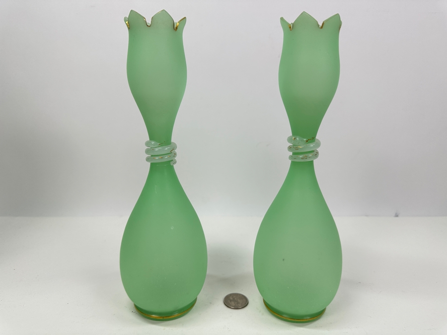 Antique Opaline Glass: Pair Of Light Green Vases With Applied White Snakes 10.25'H Appraised $225 [Photo 2]