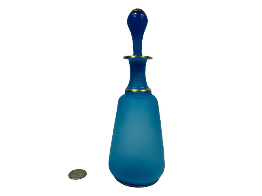 Antique Opaline Glass: Victorian Blue Bottle With Stopper 8'H [Photo 1]
