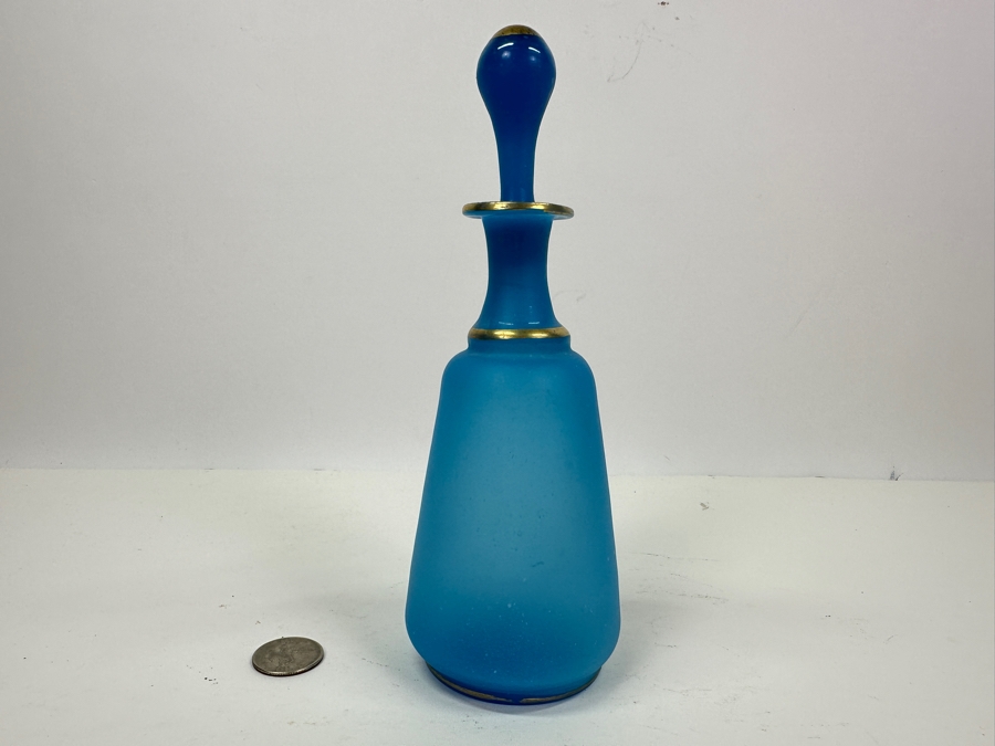 Antique Opaline Glass: Victorian Blue Bottle With Stopper 8'H [Photo 2]