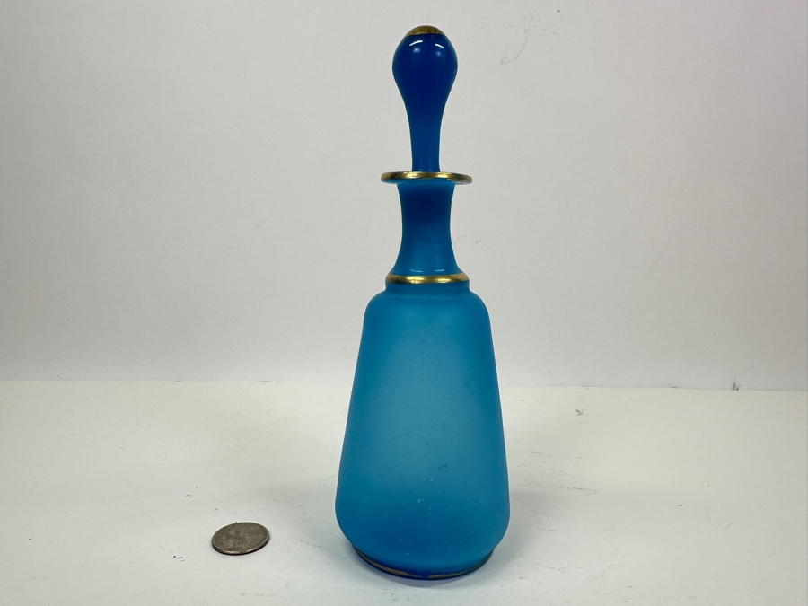 Antique Opaline Glass: Victorian Blue Bottle With Stopper 8'H [Photo 3]