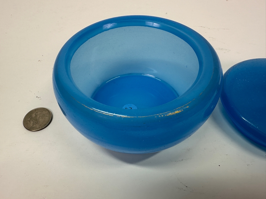 Vintage Mid-Century Opaline Glass: Blue Candy Dish With Lid 4.5'W X 4.5'H [Photo 4]