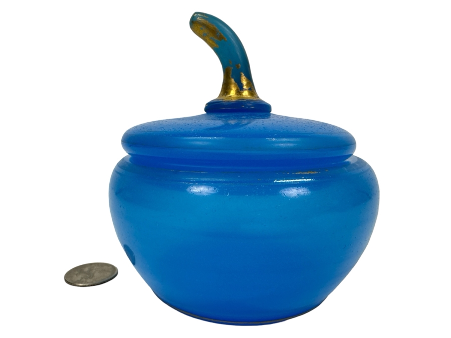 Vintage Mid-Century Opaline Glass: Blue Candy Dish With Lid 4.5'W X 4.5'H [Photo 1]