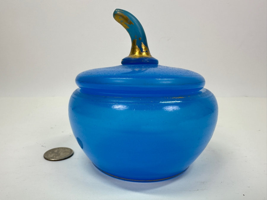 Vintage Mid-Century Opaline Glass: Blue Candy Dish With Lid 4.5'W X 4.5'H [Photo 2]