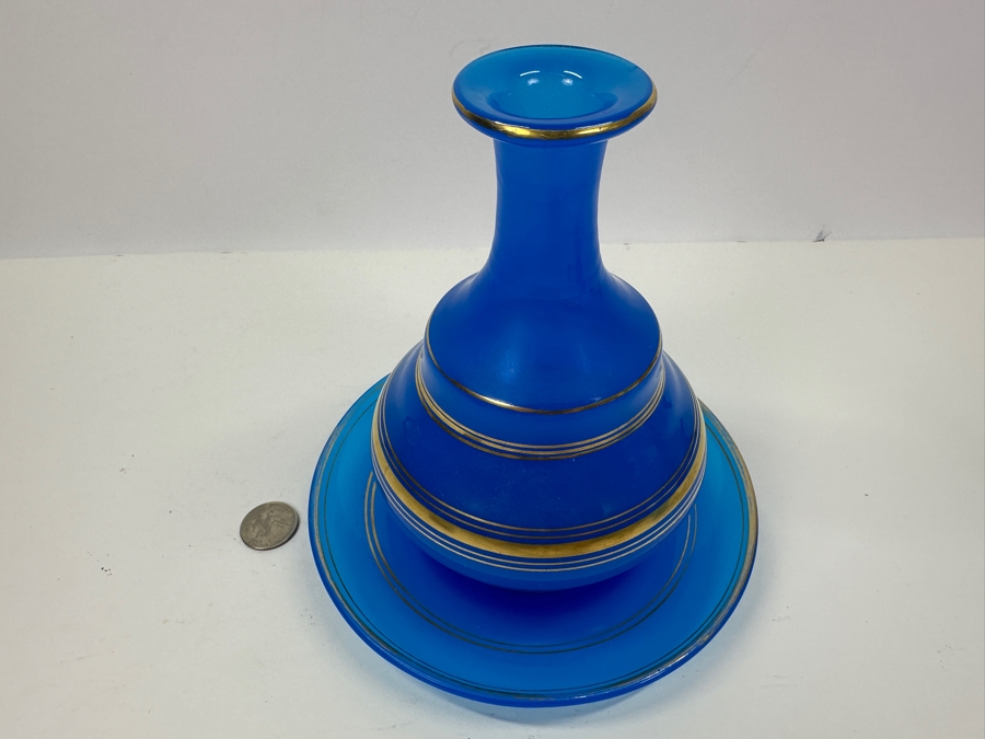 Antique Opaline Glass: Blue Bottle With Underplate 7'W X 7.5'H [Photo 3]