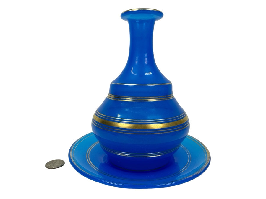 Antique Opaline Glass: Blue Bottle With Underplate 7'W X 7.5'H [Photo 1]