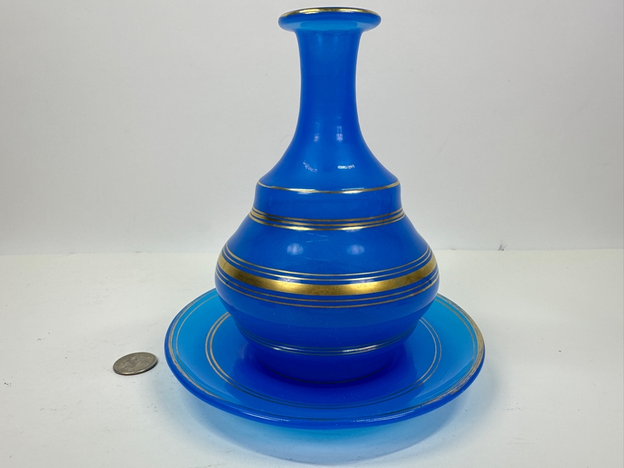 Antique Opaline Glass: Blue Bottle With Underplate 7'W X 7.5'H [Photo 2]