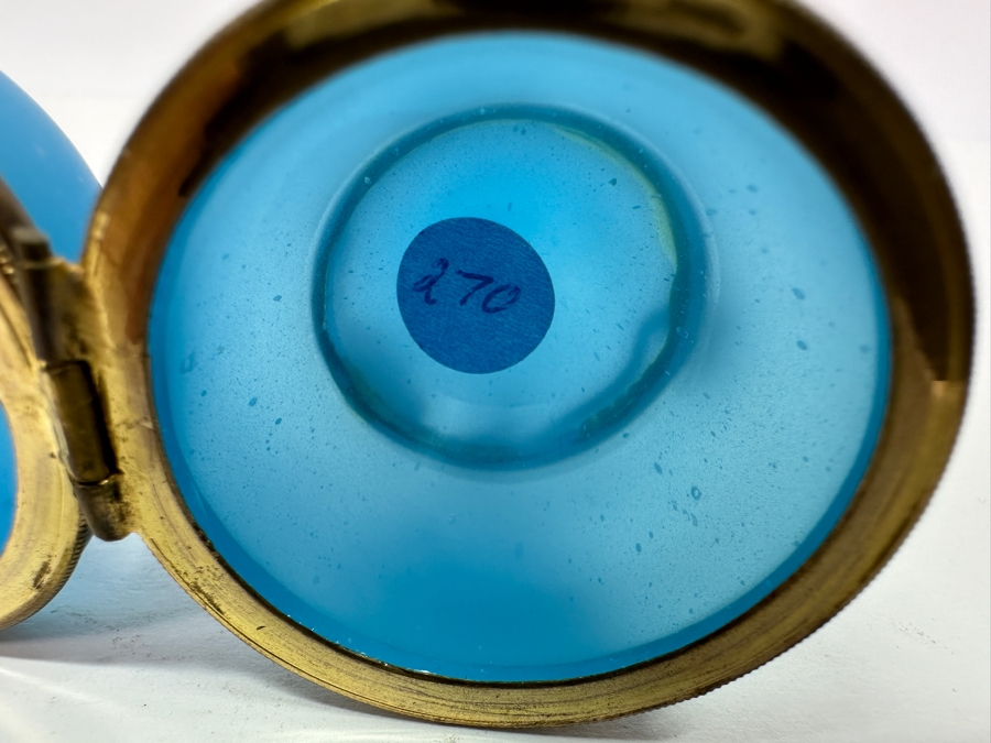 Antique Opaline Glass: Blue Opaline Glass Egg With Gilt Brass Flies Stand And Fly Finial 3.5'H [Photo 8]