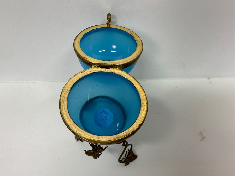 Antique Opaline Glass: Blue Opaline Glass Egg With Gilt Brass Flies Stand And Fly Finial 3.5'H [Photo 7]