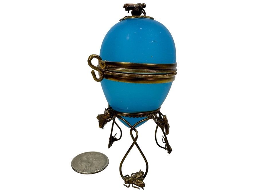 Antique Opaline Glass: Blue Opaline Glass Egg With Gilt Brass Flies Stand And Fly Finial 3.5'H [Photo 1]
